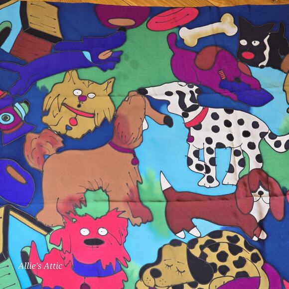 Silkscapes Vintage 90s Hand Painted Scarf Vibrant Rainbow Dogs Lover 100% Silk - Picture 2 of 7